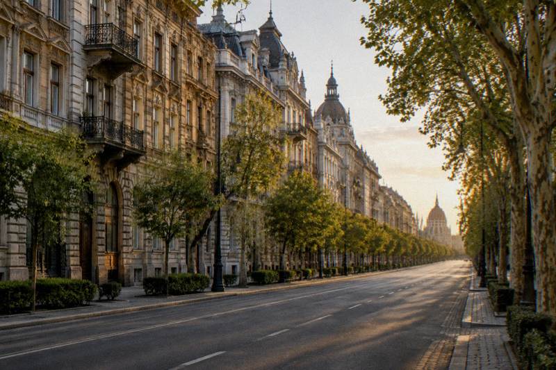 Golden late-afternoon light down Andrassy Avenue in Budapest, Hungary, a wide boulevard lined with plane trees and tall Neo-Renaissance townhouses with wrought-iron balconies, converging toward a distant vanishing point, empty pavement.