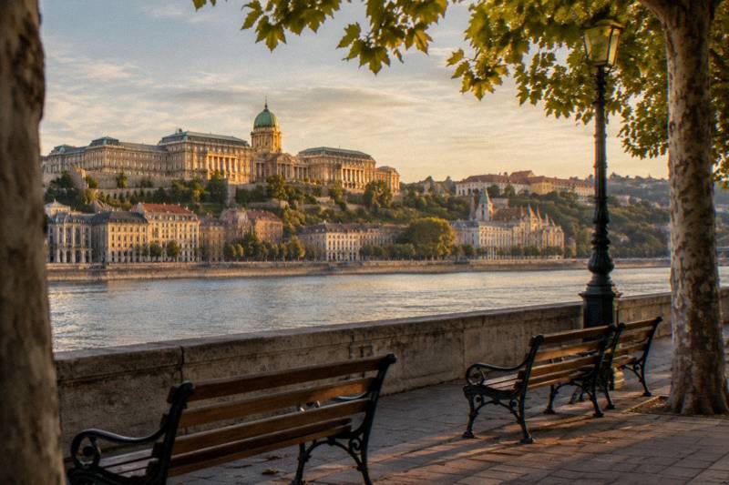 Golden late-afternoon light on the Pest side Danube promenade in Budapest, Hungary, a stone embankment with a row of empty benches in the foreground and the Castle Hill with the Royal Palace dome glowing across the river.