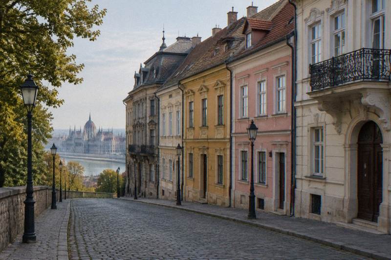Quiet morning on a cobbled street in the Castle District of Budapest, Hungary, a row of narrow pastel Baroque houses in ochre, pink and cream with steep tiled roofs, gas-style lamps along the kerb, empty street.