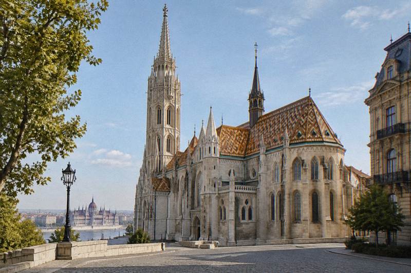 Vista de la Iglesia de Matías en Budapest, Hungría, a última hora de la mañana, con su tejado empinado de tejas multicolor en patrón de diamantes y su aguja gótica alta sobre un cielo azul claro, muros de piedra caliza clara y adoquines en primer plano.