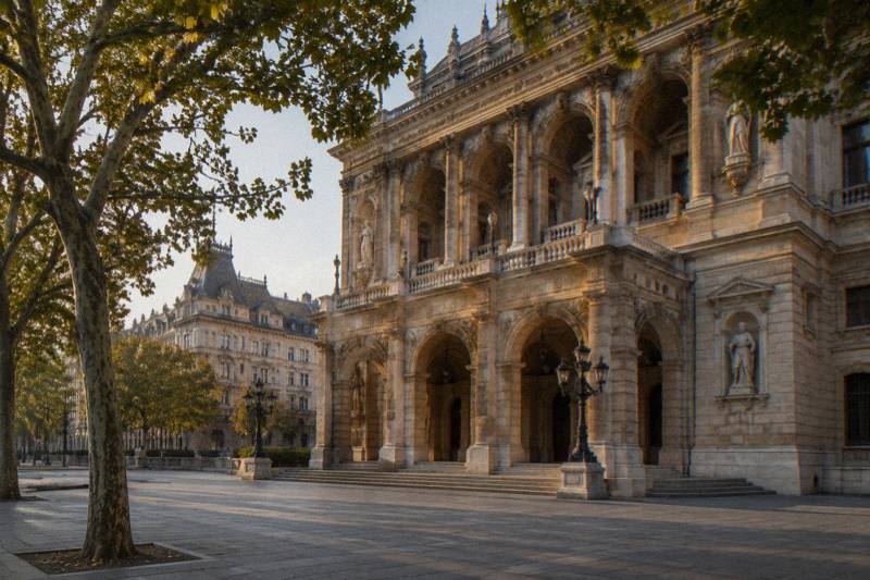 Warm late-afternoon light on the Neo-Renaissance front of the Hungarian State Opera in Budapest, Hungary, ornate stone loggia and carved statues in niches, wide empty pavement and plane trees in the foreground.