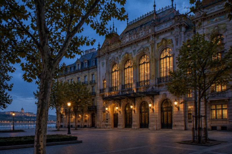 Hora azul intensa en la Academia de Música Liszt de Budapest, Hungría, con una fachada modernista ricamente ornamentada y altas ventanas de arco iluminadas desde el interior, plaza vacía y plátanos en primer plano.
