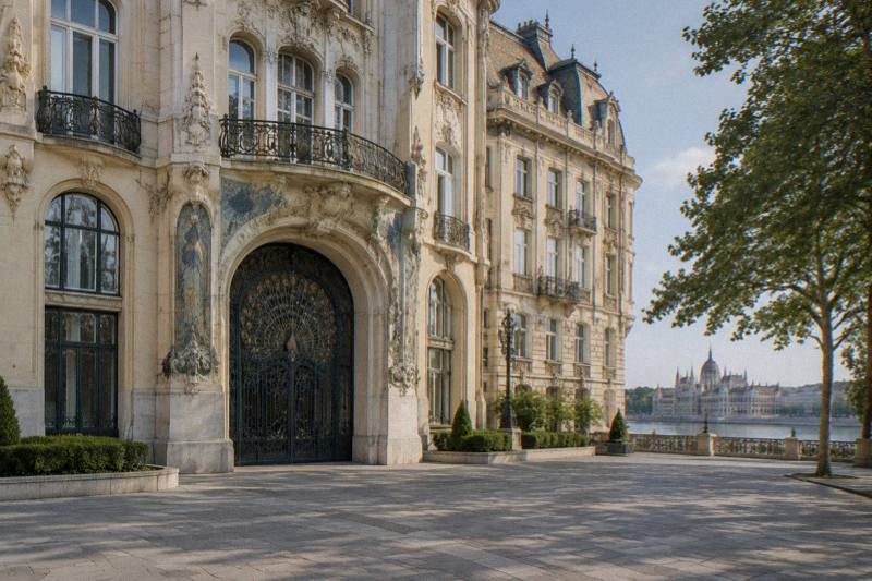 Bright morning on the Art Nouveau Gresham Palace in Budapest, Hungary, a richly decorated cream facade with wrought-iron peacock-pattern gates and mosaic details, empty paving of the square in the foreground.