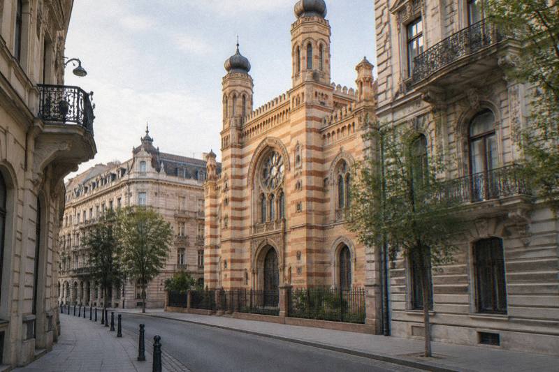 Soft morning light on the striped Moorish Revival front of the Rumbach Street Synagogue in Budapest, Hungary, bands of pale and ochre brick with a pair of slim towers, a narrow street and empty pavement in the foreground.