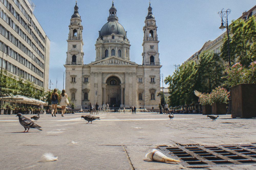 The facade and dome of St Stephen's Basilica seen from the square below