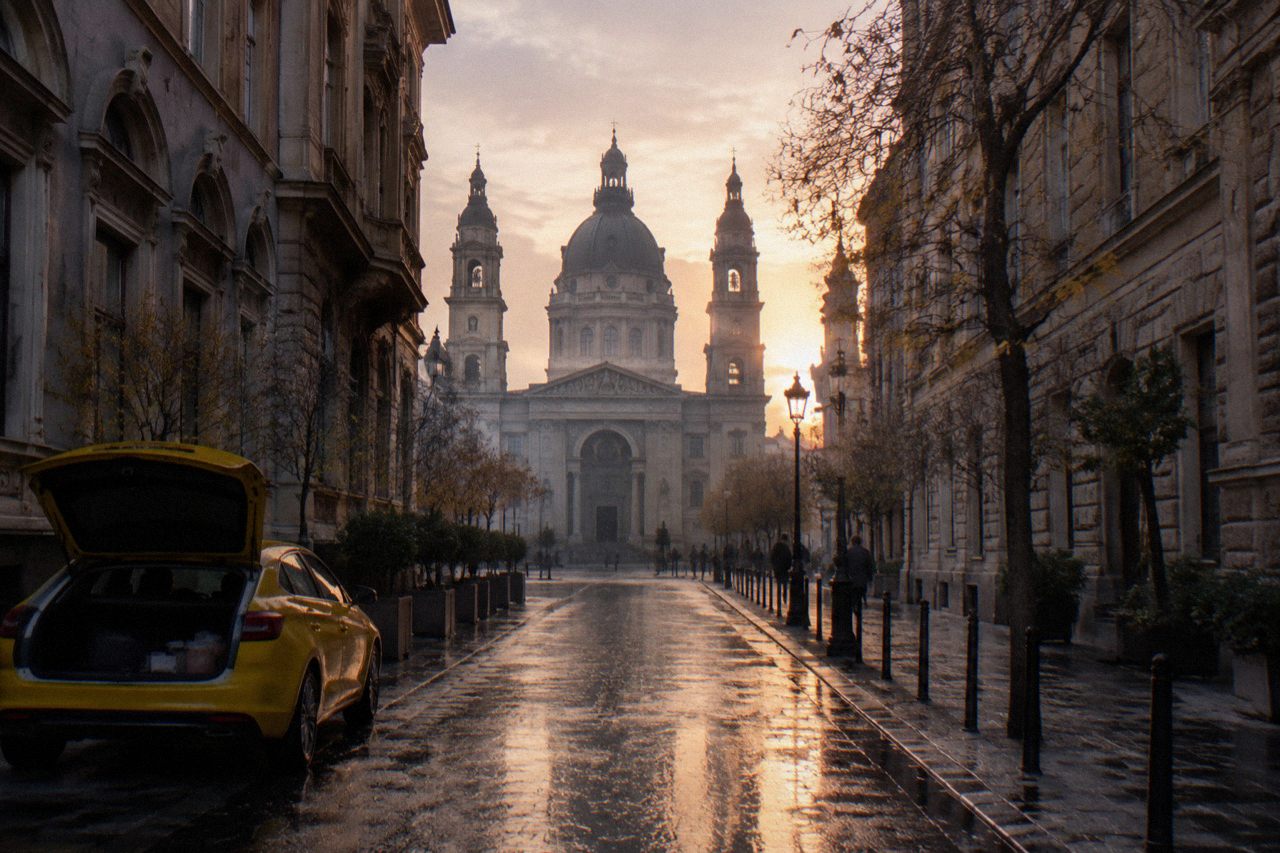 A Budapest street leading toward the dome of St Stephen's Basilica
