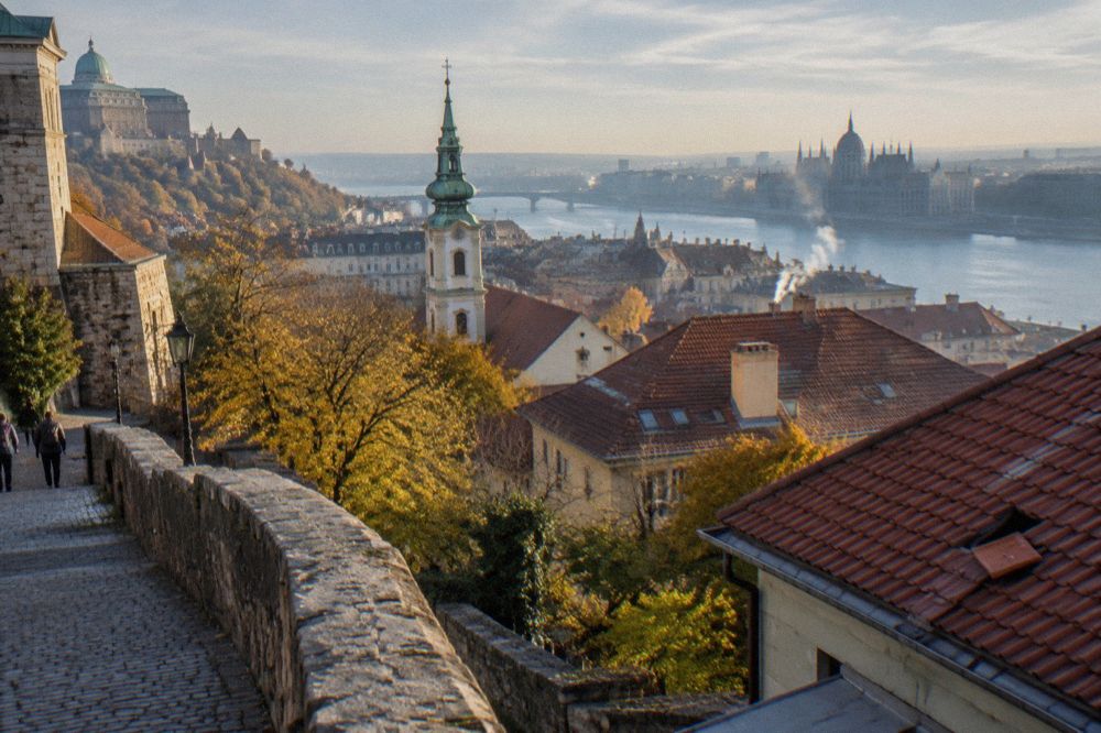 Buda Castle Hill rooftops and church spires under a calm sky