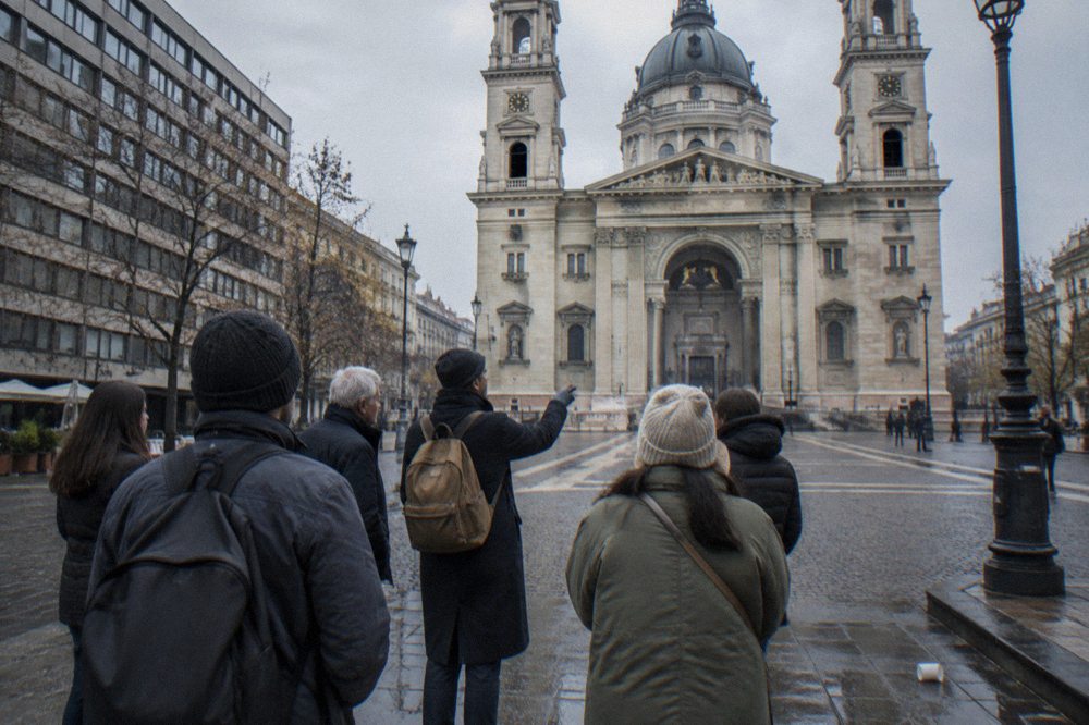 A walking tour guide speaking to a gathered group on a Budapest street