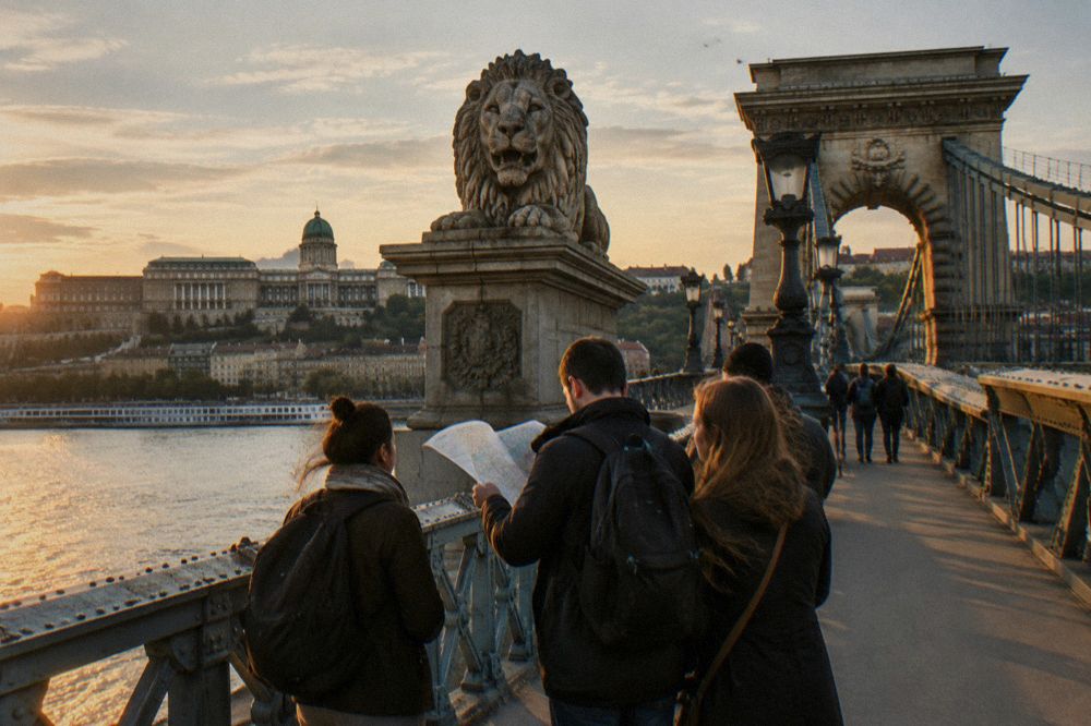 A free walking tour group pausing at a landmark in central Budapest