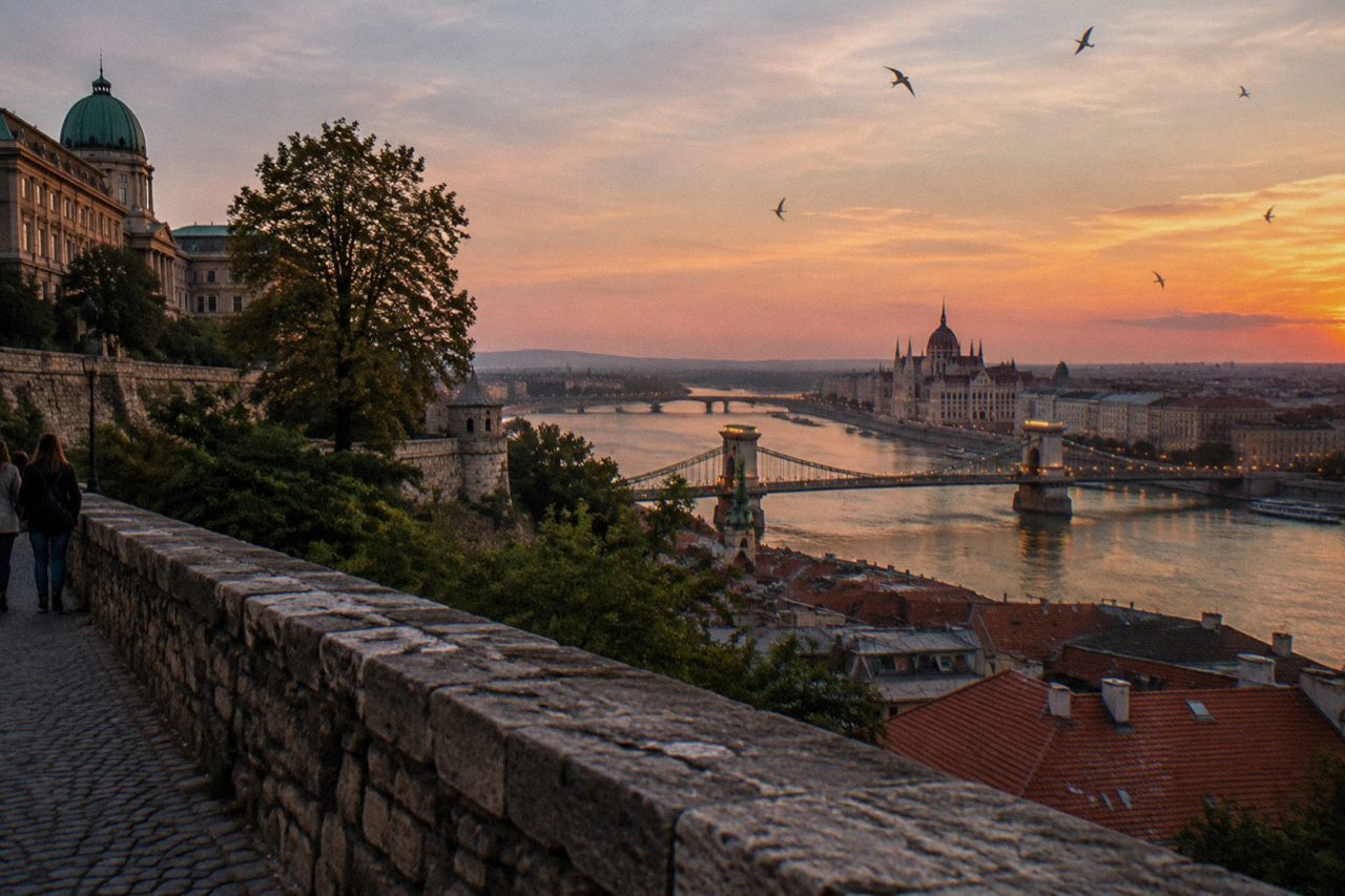 Evening view over Budapest rooftops and the Danube from Castle Hill