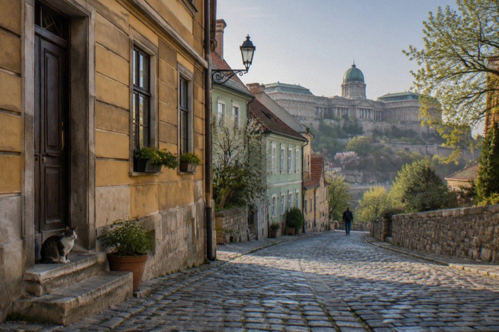 Cobbled street and old stone houses on Buda Castle Hill