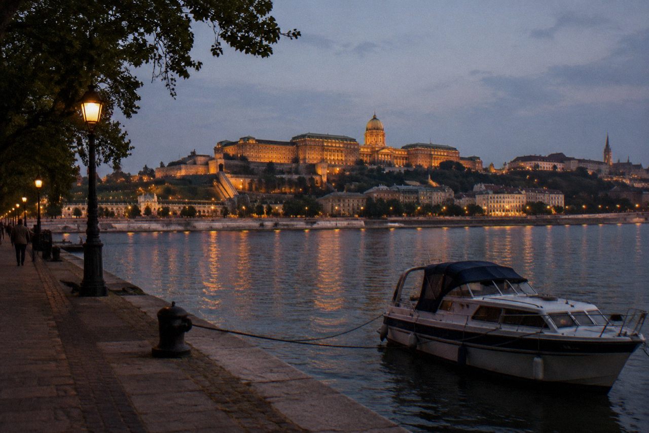 Buda Castle hill and the riverfront seen from across the Danube at dusk
