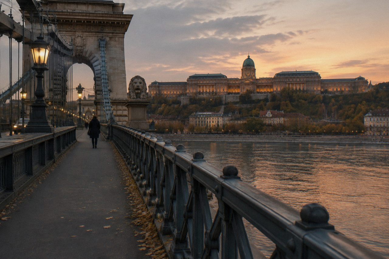 The Danube riverside and Buda Castle Hill at dusk in Budapest