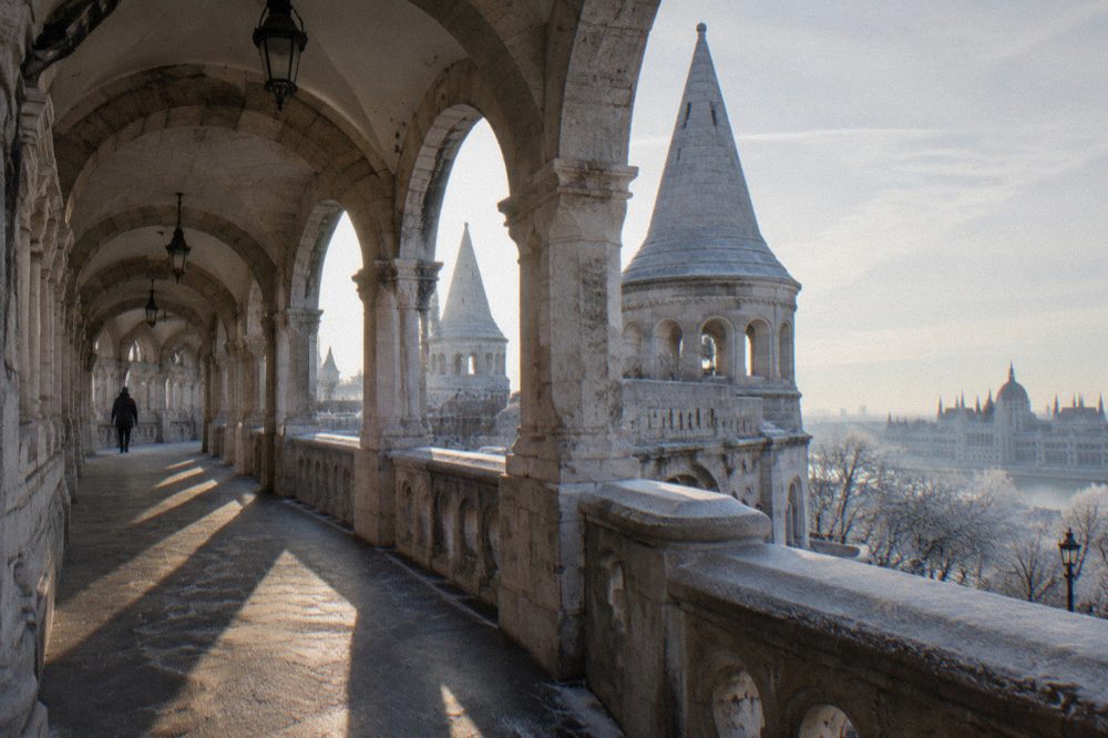 Visitors-free view of the stone terraces and arched windows of Fisherman's Bastion