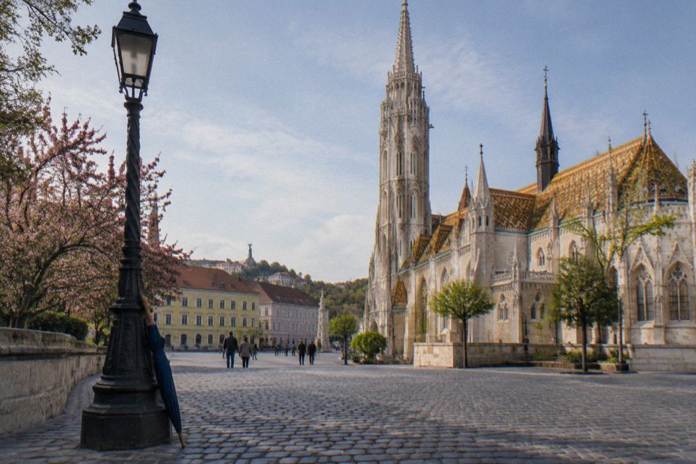 A cobbled square and stone buildings on Castle Hill in Budapest