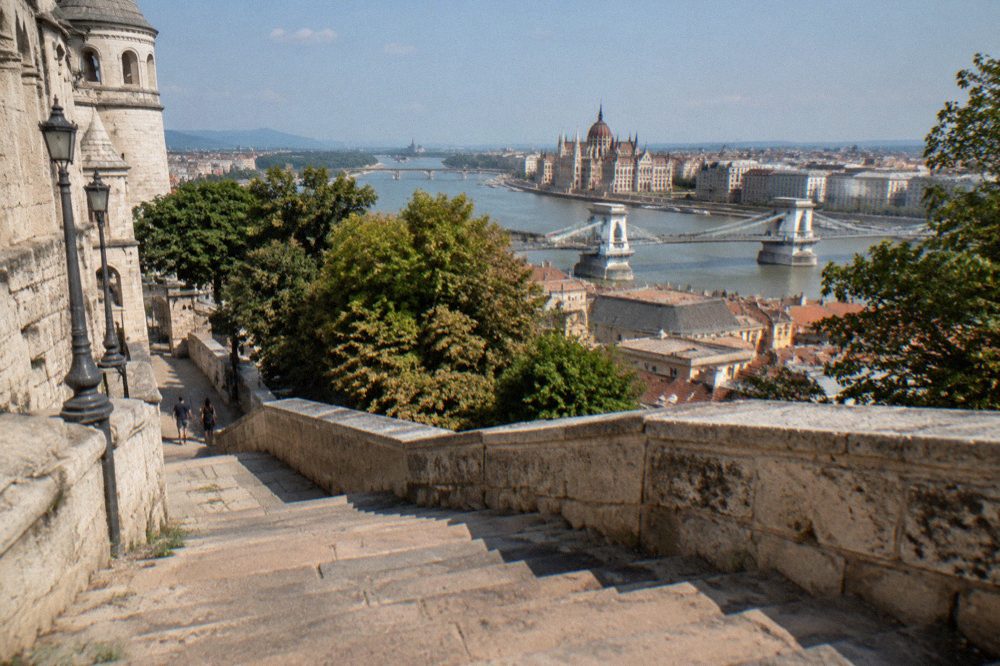 Stone ramparts and a stairway on Buda Castle Hill under an open sky