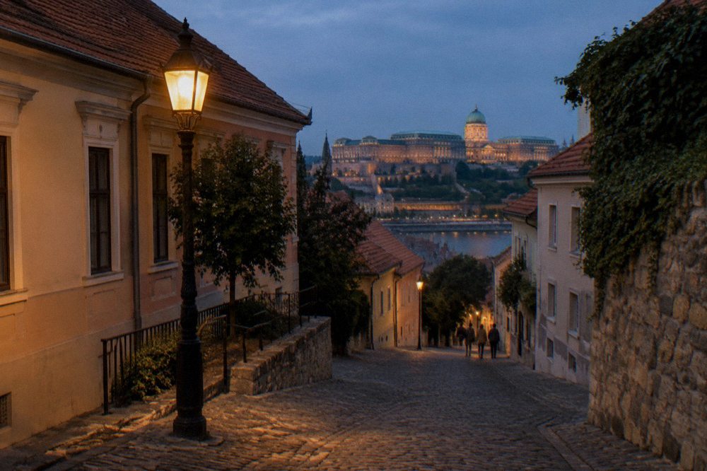 Budapest castle district buildings and lamplit street in the evening