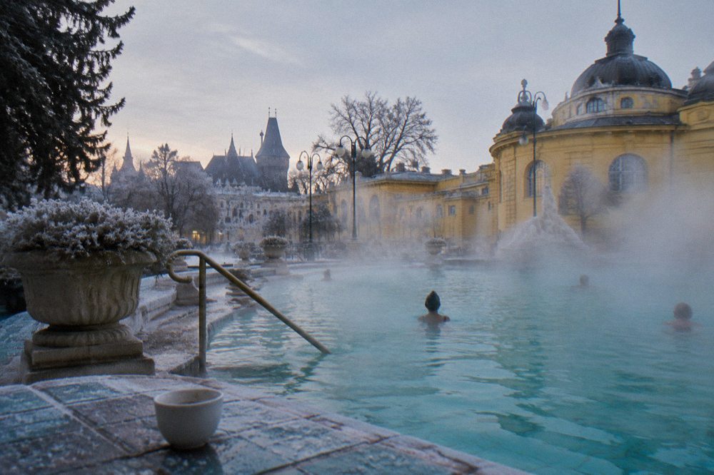 Steam rising from the outdoor pools at Szechenyi Baths