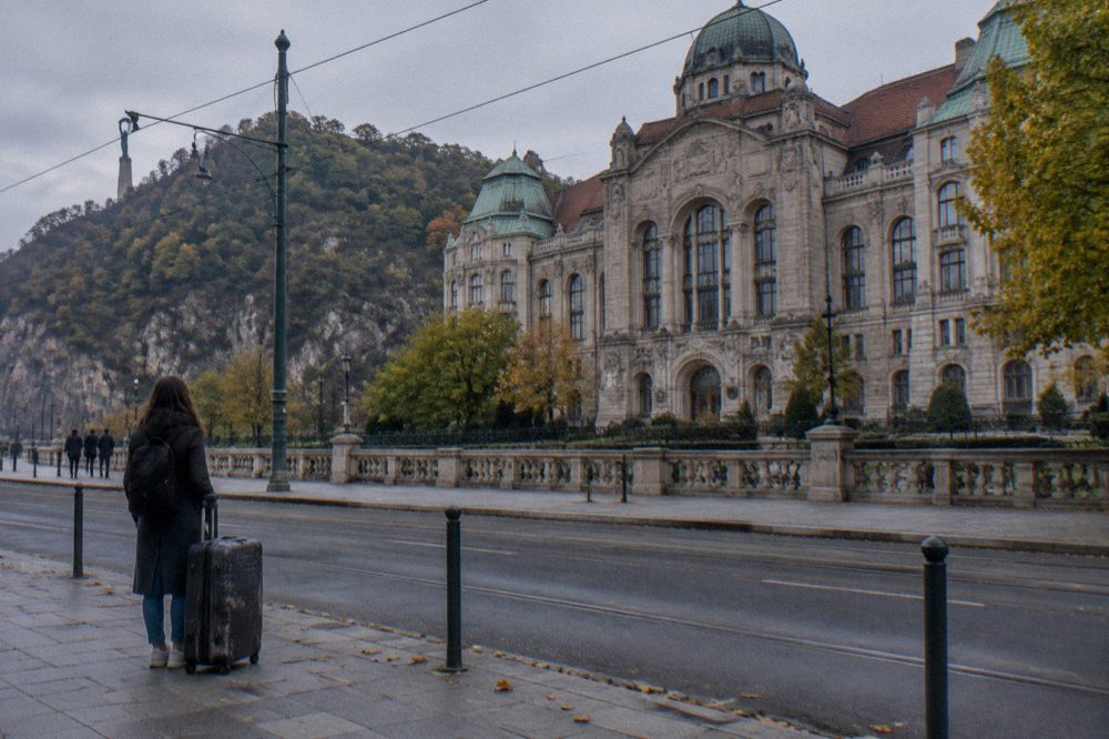 The ornate facade of the Gellert bath building seen from the street