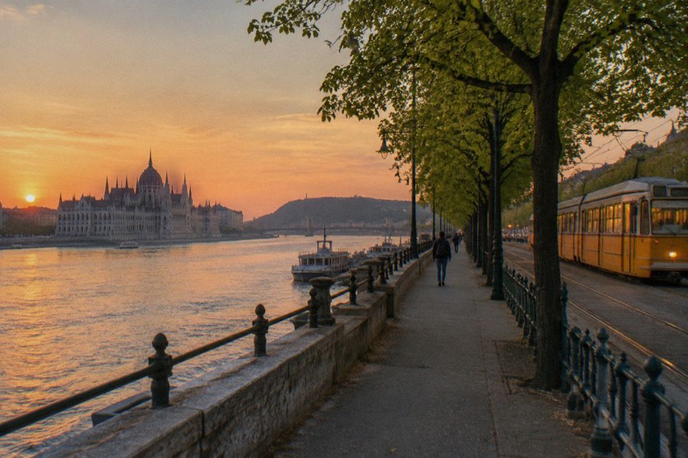 A yellow Budapest tram on the riverfront road by the Danube