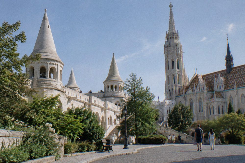 The Fisherman's Bastion terraces and Matthias Church roofline above the Castle District