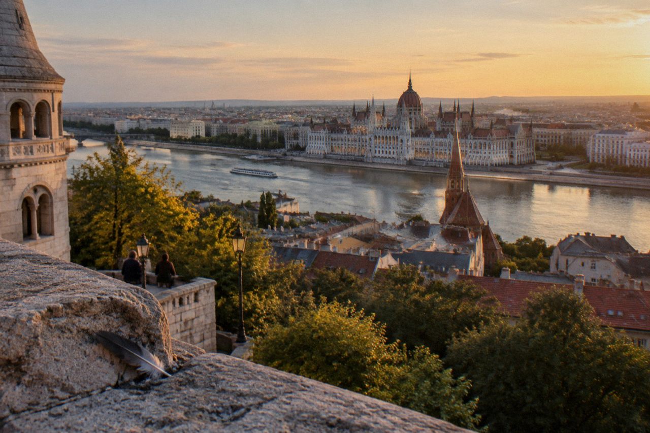 The Hungarian Parliament building and the Danube riverbank seen from Buda Castle Hill in late afternoon light