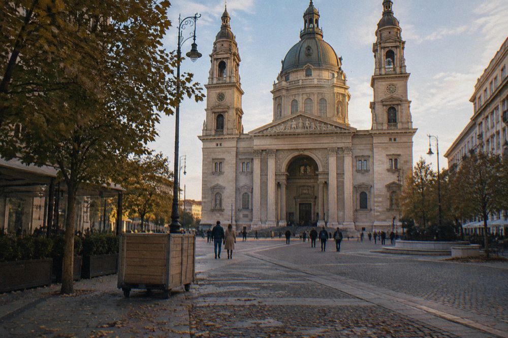 A city square in central Budapest with historic facades