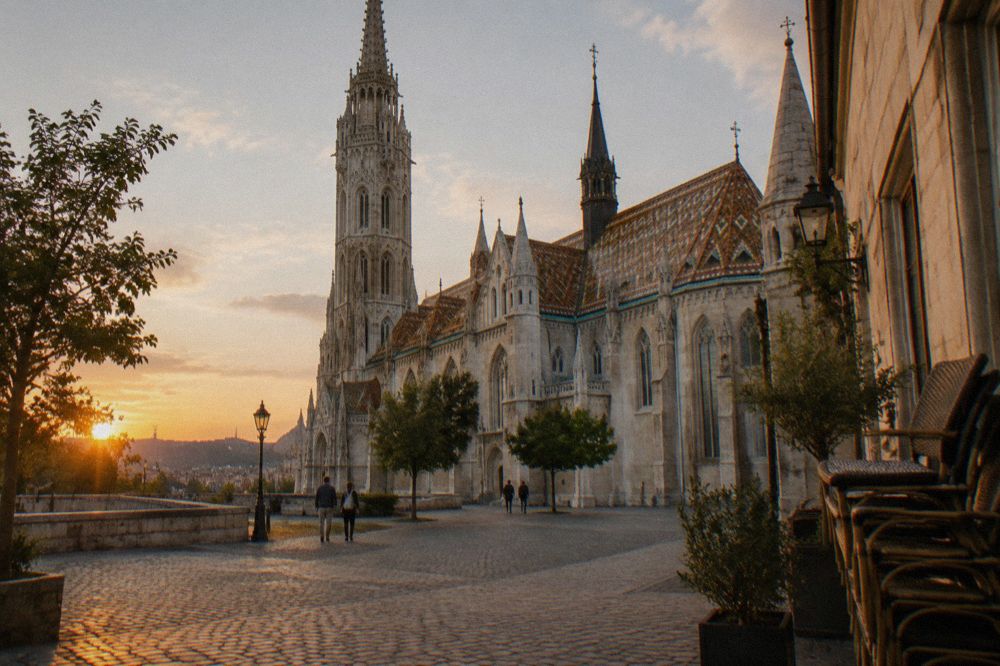 Cobbled square and gothic church facade on Castle Hill above the Danube in Budapest
