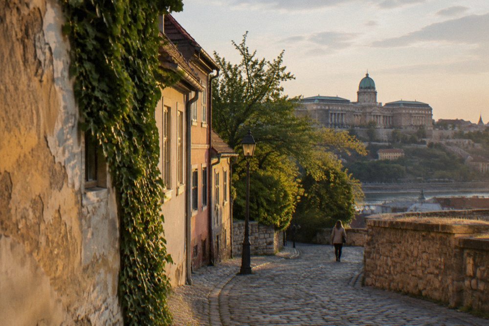 Cobbled castle streets and old stone walls on Buda Castle Hill in Budapest
