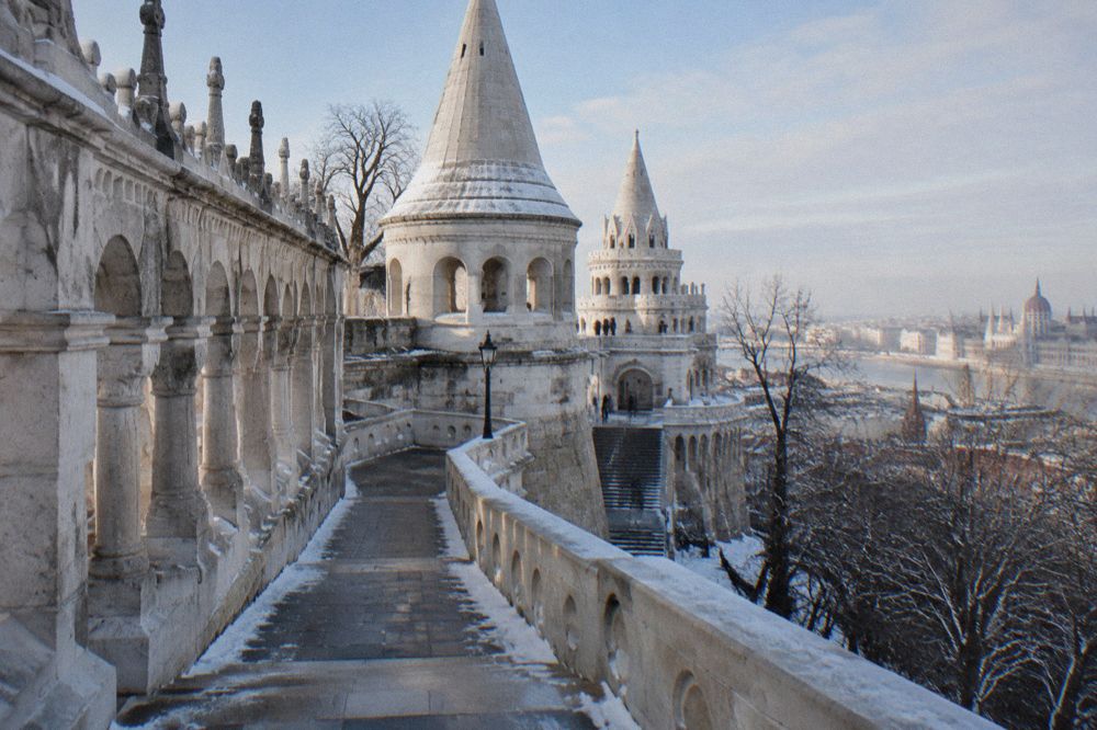 The white stone towers and tiered terraces of Fisherman's Bastion above Budapest