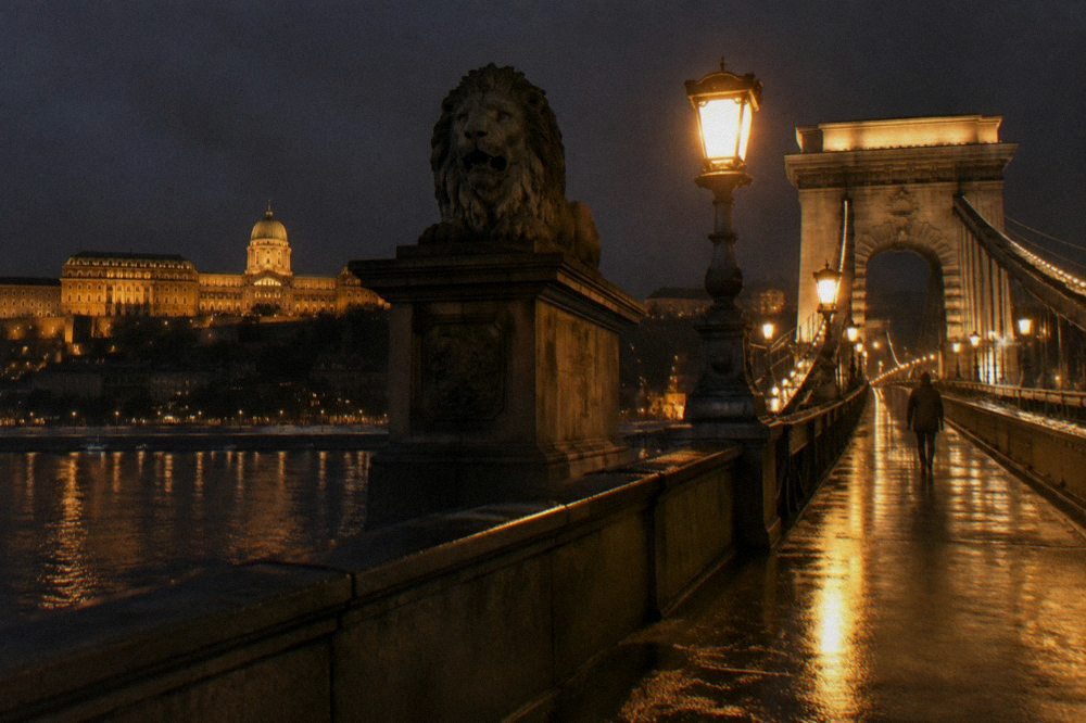 Chain Bridge walkway at night with amber lampposts above the dark Danube