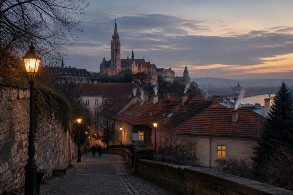 Buda Castle Hill rooftops and church spires under evening lights