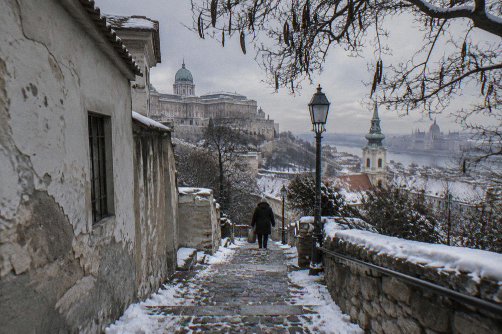Stone steps and narrow streets on Buda Castle Hill in winter