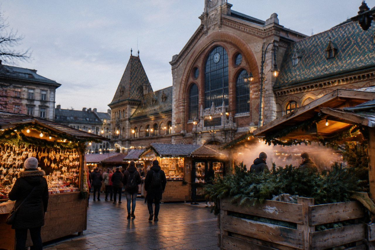 Festive wooden market stalls with string lights along a Budapest street in the evening