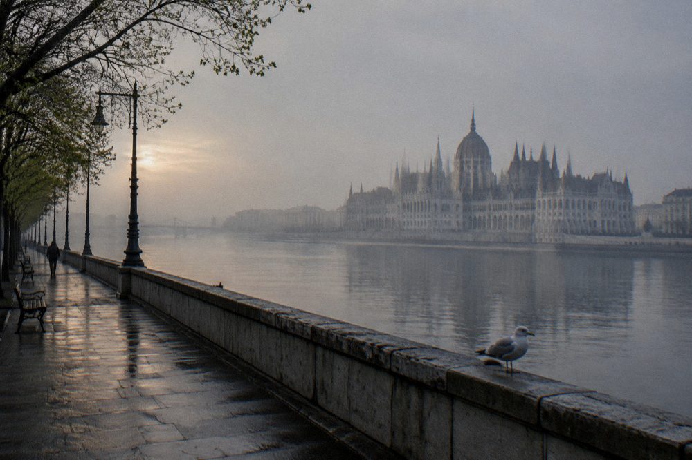 Gothic parliament building with spires seen across the river from a wide embankment