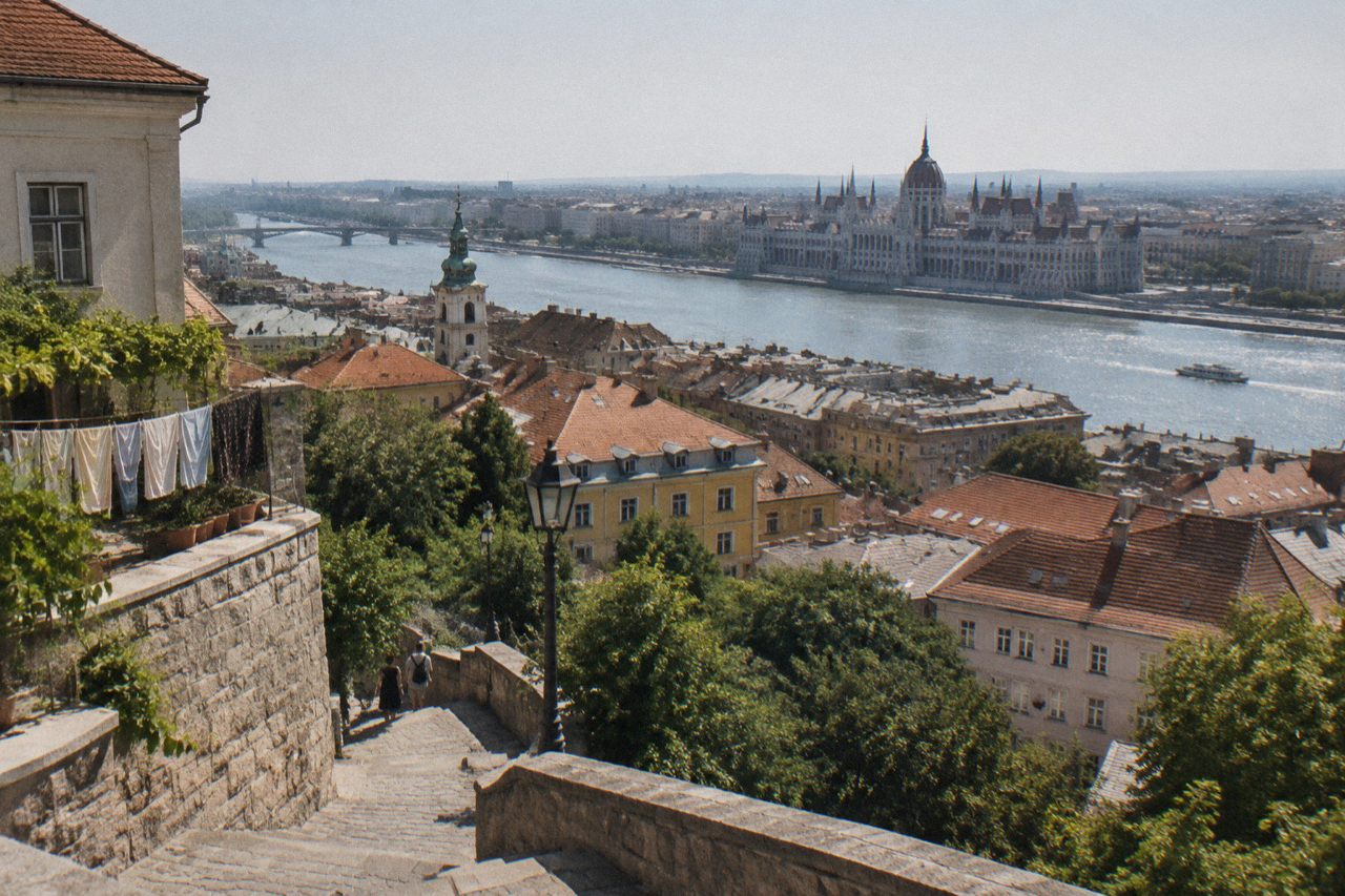 Sunlit view over Budapest rooftops and the Danube from Castle Hill