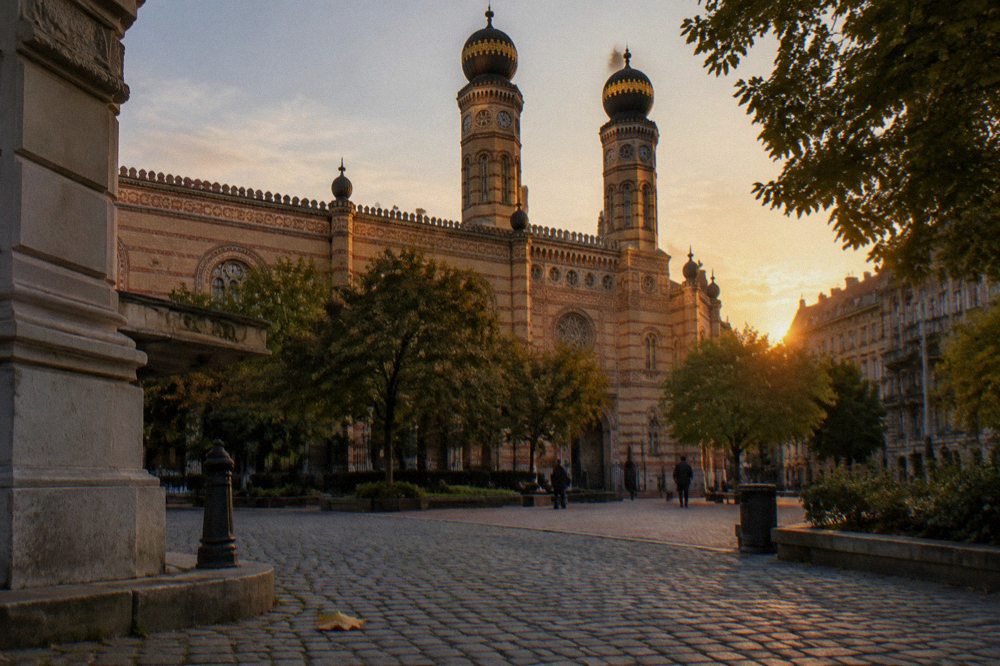Historic Budapest square with ornate period facades in warm evening light