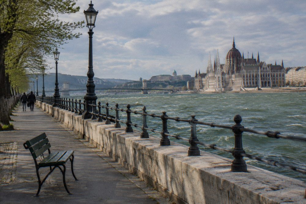 The Danube riverbank with the Parliament building and Chain Bridge in the background