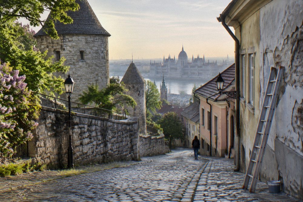 Medieval lanes and towers of the Buda Castle district above the Danube