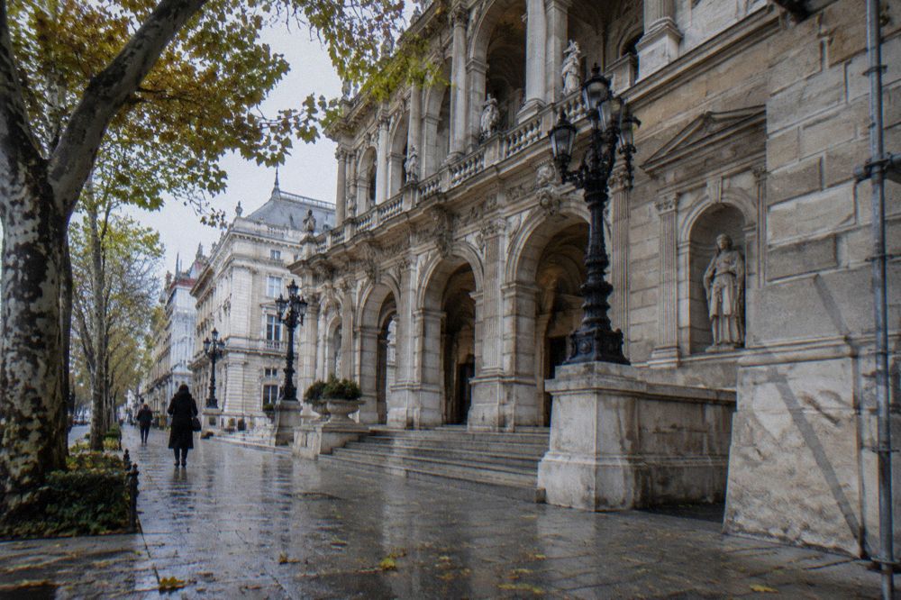 Classical museum building facade with columns in central Budapest