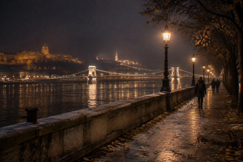 Illuminated bridges and riverbank reflected in the Danube at night