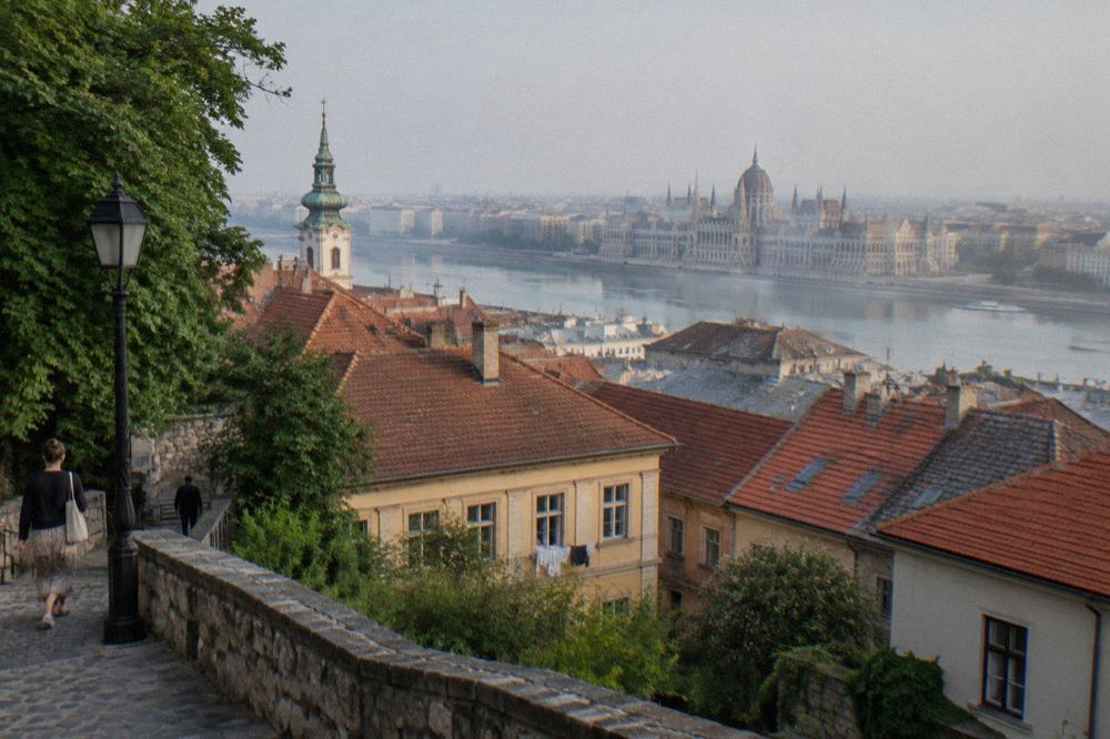 Buda Castle Hill rooftops seen from a stone terrace in the Castle District