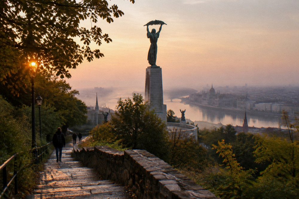 The Liberty Statue on Gellert Hill seen above the city rooftops