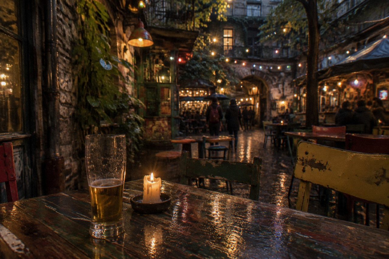 A ruin bar courtyard with mismatched vintage furniture and warm string lights