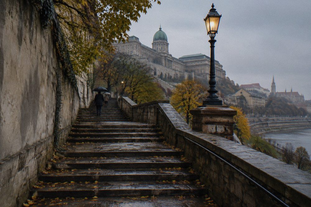Stone stairs and a walkway rising toward Buda Castle on Castle Hill