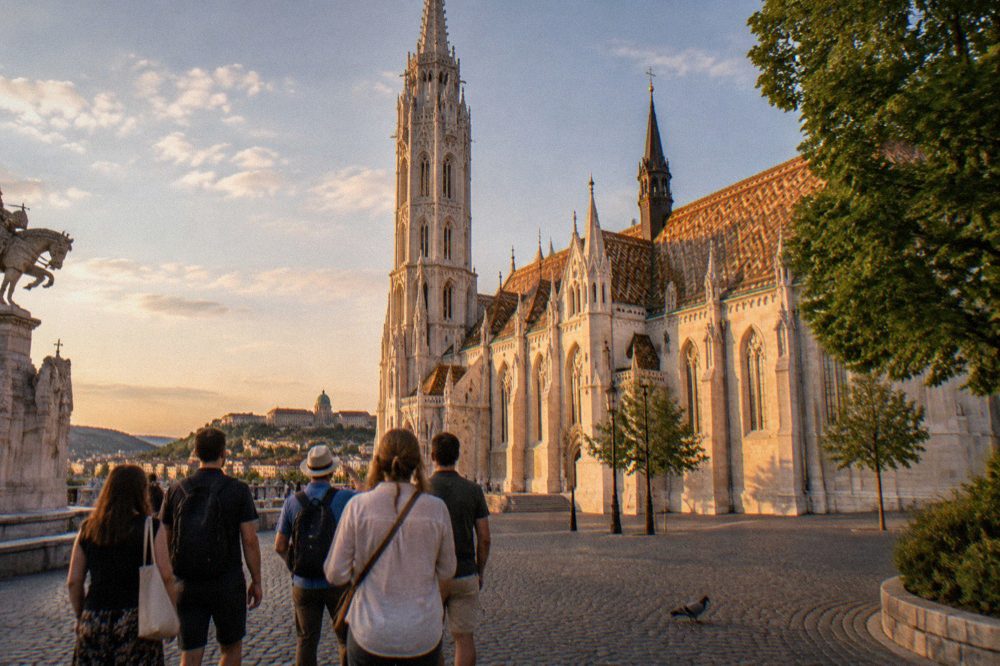 A guided walking group gathered in a square on the Buda Castle Hill