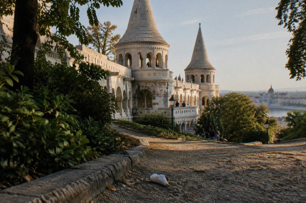 The upper terraces and white turrets of the Fisherman's Bastion seen from below
