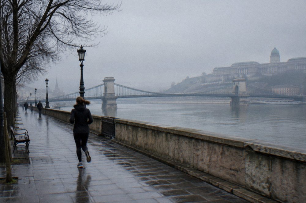 A riverbank promenade along the Danube with the Chain Bridge in the distance