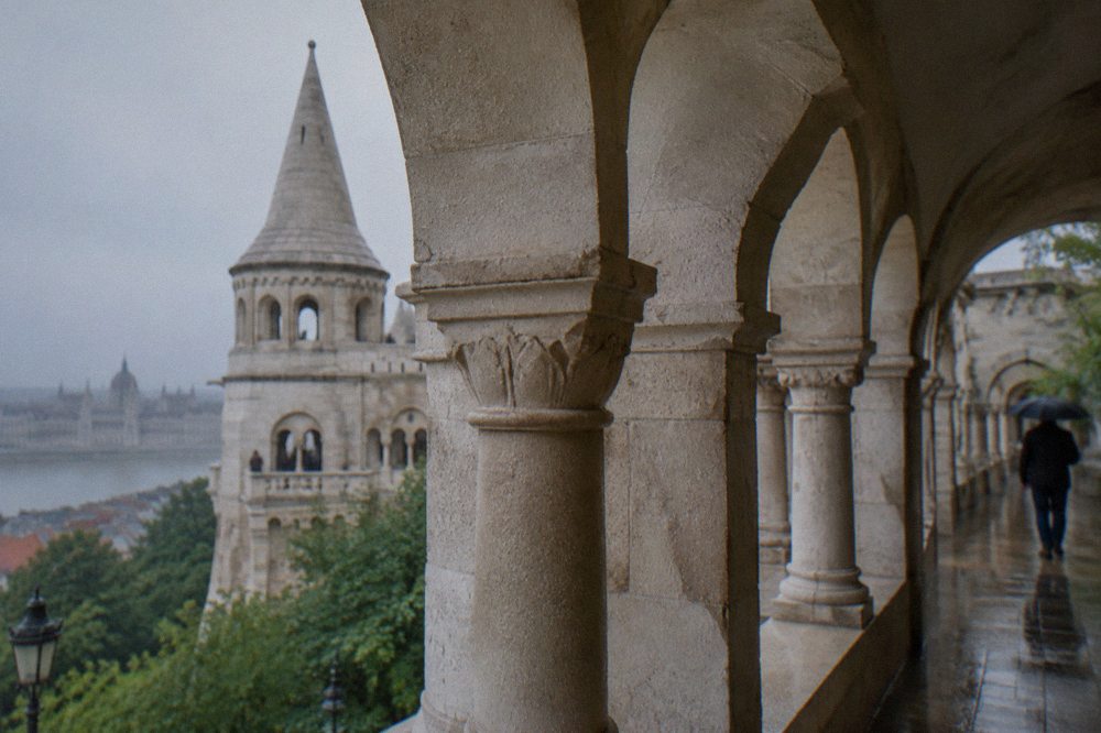 Stone terraces and arched walkways of Fisherman's Bastion under a clear sky