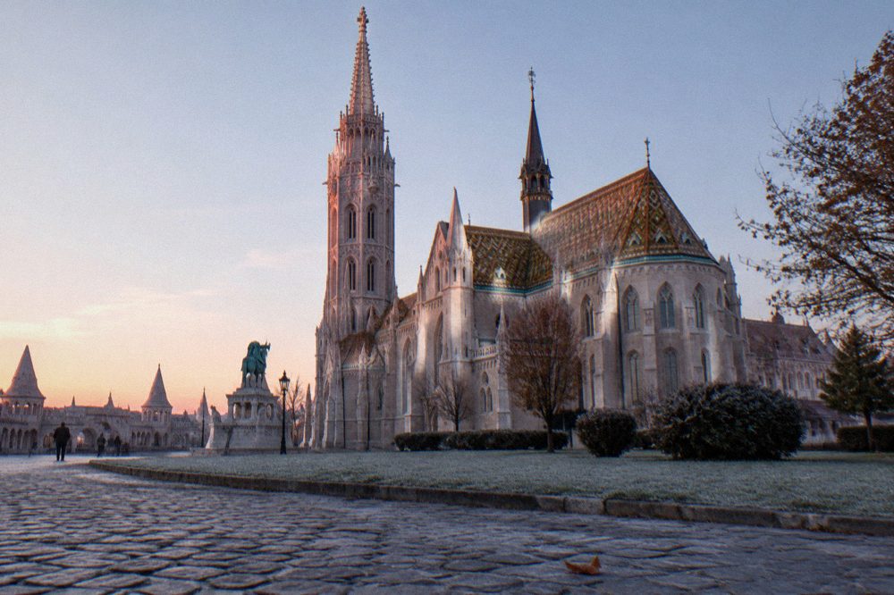 Roof tiles and tower of Matthias Church seen from Castle Hill